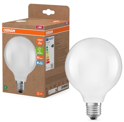 OSRAM en forme de globe classique, avec filament LED décoratif, classe d'efficacité énergétique A, E27, 5 W, 1055 lm, 6500 K, blanc lumière du jour. Sans échauffement, 100% d'éclairage immédiat.