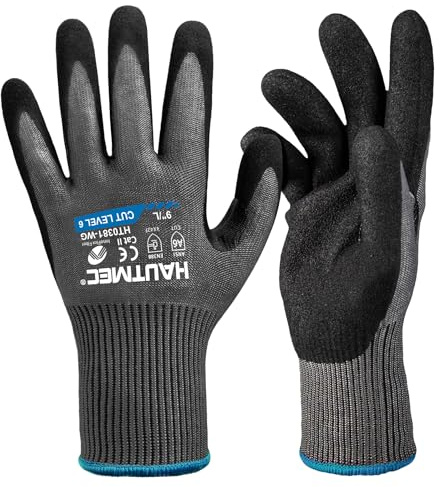HAUTMEC ANSI A6 Cut Resistant Work Gloves for Men Women, EN388 4X42F Cutting Proof Gloves, Breathable 13-Gauge HPPE, Nitrile Coated, Touchscreen, Reinforced Thumb Saddle for Construction/Auto(L)