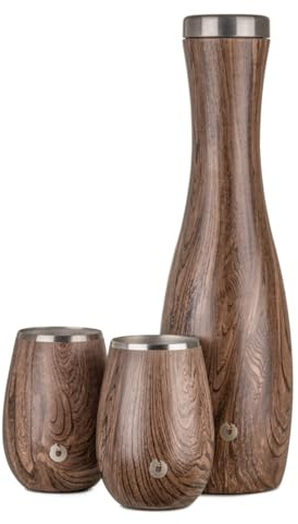 Snowfox Weinkaraffe und Glas Set, isolierte Edelstahlkaraffe und 2er Set passende Weingläser, Nussbaum dunkel