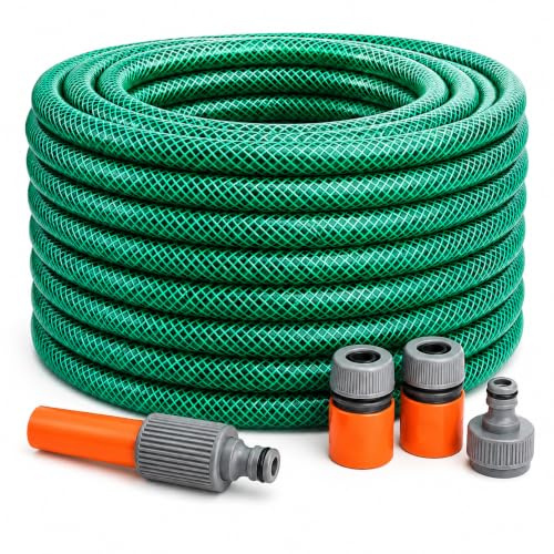 Heavy-Duty PVC Garden Hose Pipe with Spray Nozzle & Universal Fittings – Available in 15m, 20m, 30m, and 50m Lengths – Durable, Weatherproof, Anti-Twist Watering Hose for All Seasons (50 Metres)