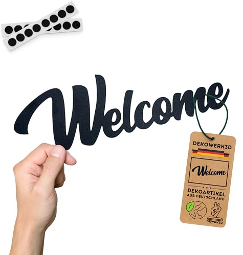 DKWRK3D Welcome Schild klebend - Kunststoff Willkommen Tür Schriftzug - Wandtattoo Deko - Flur Wanddekoration - Türtattoo Dekoration - Willkommensschild - Eingang Wandtattoo - Wanddeko (M)