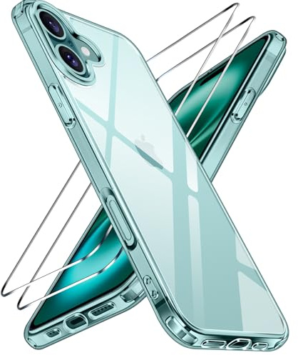 ivoler Nie Vergilbung Klar Hülle für iPhone 16, 1 Handyhülle mit 2 Stück Panzer Schutz Glas und Positionierhilfe, [Militärischer Schutz] Stoßfest Transparent Schutzhülle Dünn Durchsichtige Case - Grün