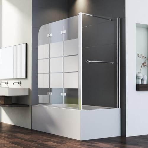 Duschwand für Badewanne mit Seitenwand 70x120x140cm 3-teilig Faltbar Duschtrennwand, Gestreift Glas Duschabtrennung mit 6mm EGS Sicherheitsglas, Glastrennwand Seitenwand mit Handtuchhalter