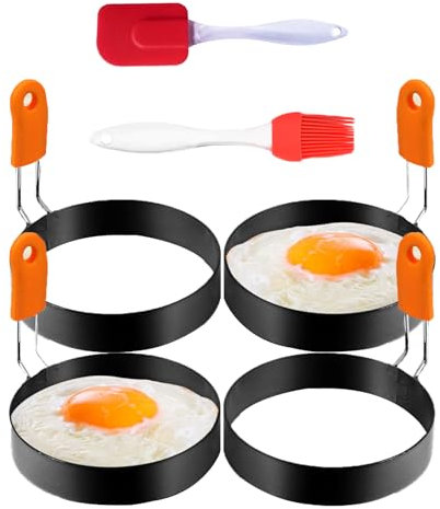 Egg Ring Spiegeleiform Rund,4 Stück Eierringe Edelstahl Antihaft,1 Silikonpinsel,1 Silikonspatel,Klappbaren Spiegeleierformen,mit Silikon Klappgriffen,Für Pfanne Spiegeleier und Hackbraten