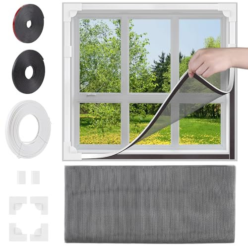SWAWIS 130x120cm Fliegengitter Fenster Magnet, Fenstergitter Insektenschutz aus Glasfaser Ohne Bohren, DIY Fliegenvorhang Moskitonetz für Fenster, Kinderleichte Montage Grau
