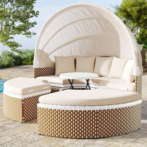 Kebnor Garten-Lounge-Sessel-Set, Sonneninsel, Rattan-Gartentisch und Stühle-Set,ausziehbares Baldachin, anhebbare Tischplatte, Beige, inklusive Aller Kissen und Sitzkissen(Beige)
