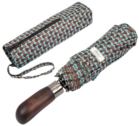 Balios Fällbart paraply, äkta trähandtag, automatisk öppning och stängning, ventilerande baldakin, 100 cm x 32 cm