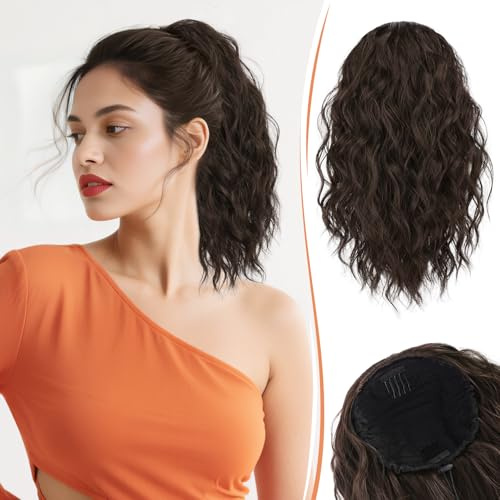 RUWISS Ponytail Cheveux Naturel - 35 cm Bouclés Ondulée Extension Queue de Cheval Afro avec Cordon Postiche Queue de Cheval Courte pour Femme, Marron