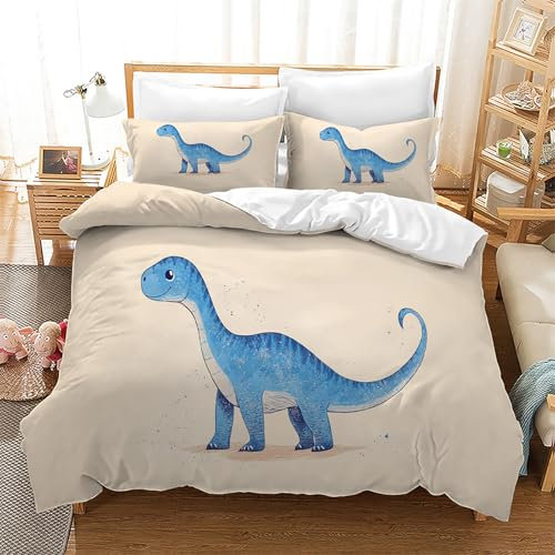 TKCQX Bettwäsche Beige Blauer Dinosaurier Bettwäsche 140x200 Kinder Junge Mädchen Bettbezug Set Cartoon Dinosaurier Kinderbettwäsche aus Mikrofaser mit Kissenbezug 80x80 cm