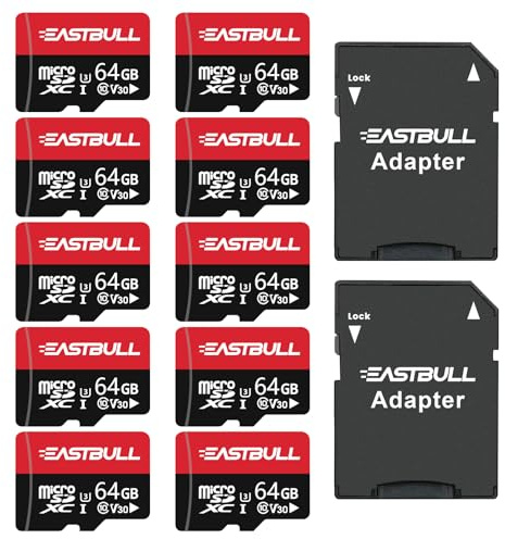 Cartes mémoire SD, cartes SD 64 Go, vidéo Full HD 90 MB/s UHS-I U1 Micro SDHC Classe 10 pour caméra de surveillance (lot de 10 et 2 adaptateurs)