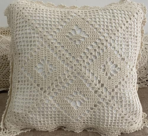 MINDPLUS Cotton Hand Crochet Lace Throw Pillow Cushion Cover Decorative Handcraft Pillowcase 15.7 x15.7 inch Floral Pattern Vintage Rural Style (D Beige)