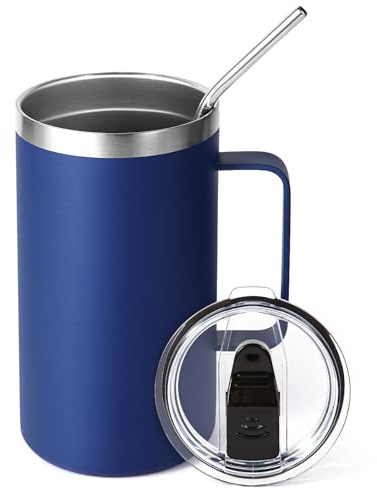 Volhoply 650ml (22oz) Insulated Coffee Mug with Lid and Straw, Stainless Steel Travel Mugs with Handle, Leak Proof Double Wall Coffee Cup for Hot and Cold Drinks (Navy,1 Pack)