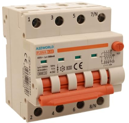 Interrupteur différentiel magnétothermique triphasé 380 V type A 300 mA 32 A C32, 4P véritable (NO 3P+N), courbe C 6 kA, double levier avec diagnostic visuel, 4 modules DIN, série PL8M4