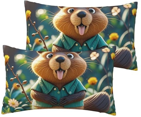 Satin Pillowcase Soft Linen Pillow Cover Cartoon Animated Beaver Pillow Cases Set of 2 Throw Pillowcovers for All Seasons Lumbar Pillowcase Cushion for Sofa Couch Bed Standard Queen Size 12 x 20 Inch