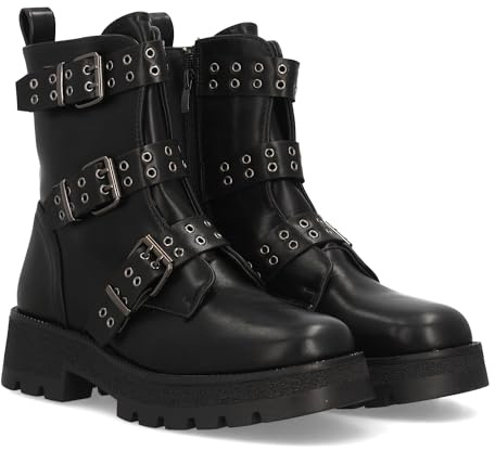 98322 Botines para mujer con suela de plataforma, adornado con multiples tiras decorativas con hebillas y tachuelas metalicas, con cierre de cremallera. Ideal para Otono Invierno. Negro Talla 39