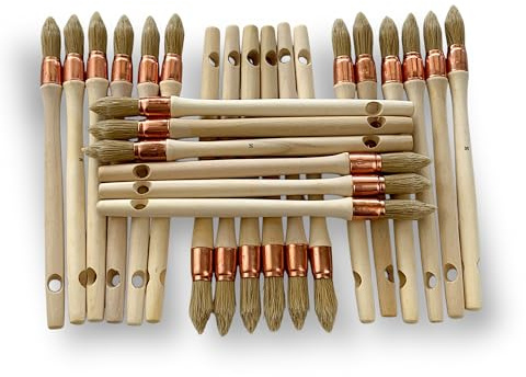 Kibros Lot 24 pinceaux à rechampir Brosse Ronde Soie Blanche Ø 15 mm | Soie blanche naturelle, manche bois brut, pour peinture et rénovation de volets, moulures et angles.