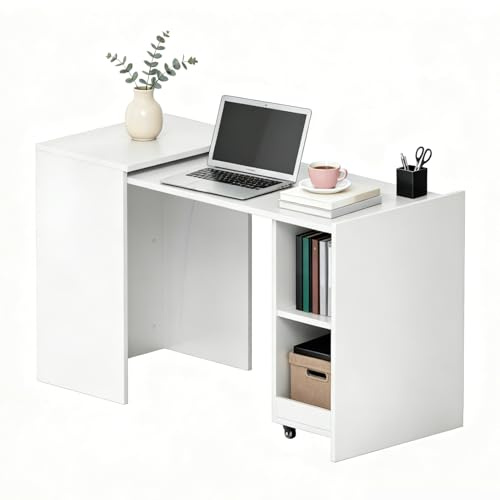 Schreibtisch Ausziehbar mit Stauraum, Computertisch mit Rollen, Bürotisch 2 Regal, Klappschreibtisch für Kleine Räume, Zusammengeklappten 40x55x73cm, Einfache Montage Robust & Langlebig (Weiß)