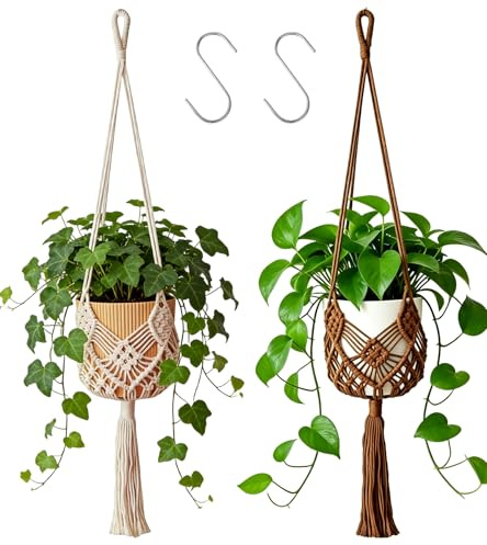 JanFebMar 2 Pièces Suspension Macramé pour Plante, Suspension Plante intérieure, Panier en Corde de Coton à Suspendre de Fleurs en pour Décoration Intérieure, Cuisine et Bureau Style Boho