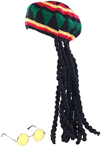 infactory Perücke: Jamaika-Mütze mit Dreadlocks & gelber Brille (Kostüm-Perücke, als Kostüm-Zubehör, rasta)