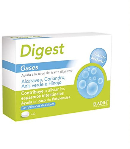 DIGEST GASES FORTE - Favorece la Eliminación de los Gases y Hinchazon - Ayuda a Combatir las Flatulencias Intestinales - Con Coriandro, Anís Verde, Hinojo y Alcaravea | 60 Comprimidos ELADIET