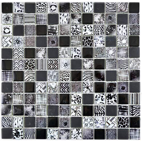 Mosaik Fliese Glasmosaik Quadrat Crystal mix schwarz für WAND KÜCHE Wandverblender Fliesenspiegel Verkleidung | 10 Matten