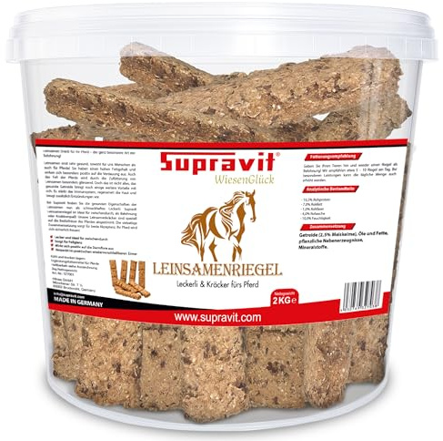 Supravit Leinsamen Pferde Leckerlies – 2kg Eimer Belohnungssnack Pferd | und Pony – Leinsamenriegel – Pferdeleckerlis ohne Zucker - gesund & klebt nicht