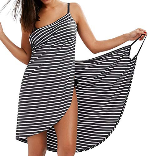 LumiSyne Strandkleider Damen Bikini Cover Ups Mode Streifen Badeanzüge Ärmellos Wickelkleid Sexy V Ausschnitt Strandponcho Pareos Lose Stil Strandrock,Schmale Fransen Schwarz,M