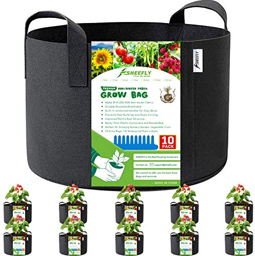 SHEEFLY 10 Pack 10 Gallon Grow Bags,Non Woven Durable Thickened Aeration Fabric Pots Container with Reinforced Handles for Nursery Garden,Vegetable,Fruit,with 10 PCS Plant Labels (Black)