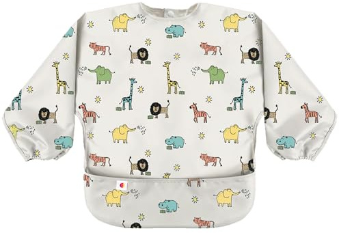 San Francisco Baby Long Sleeve Bib - Waterproof Feeding Smock, Full Coverage Mess-Proof Baby Bib with Sleeves, Lightweight Feeding Apron - Animal Print