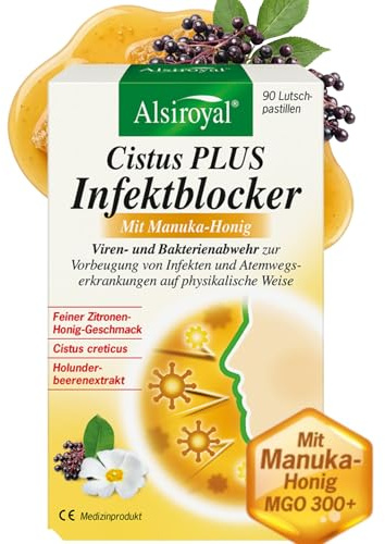 Alsiroyal Cistus Plus Infektblocker mit Manuka Honig - 90 Stück - Lutschpastillen mit Cistus Creticus und Holunderextrakt fruchtig frischer Geschmack für Kinder ab 6 Jahren und Erwachsene