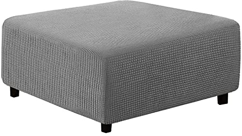 qiden Quadratischer Hockerbezug Stretch-Ottomanenbezug Plüsch, 10% Dicker großer Stretch-Hockerbezug Anti-Rutsch-Fußhocker Schonbezüge mit elastischer Unterseite-hellgrau-M