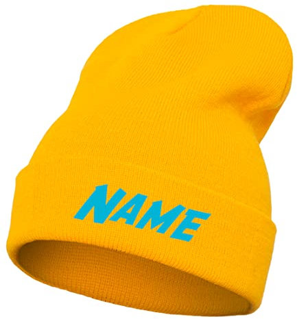 Schnoschi Gelbe Strickmütze mit breitem Umschlag (Beanie Mütze) mit Namen Bestickt für Herren, Damen, Jugendliche und Kinder