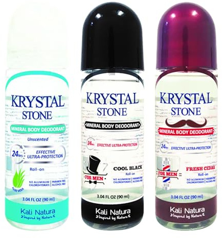 KRYSTAL STONE Deodorant For MEN 3-Pack Roll On Potassium Alum with Essential Oil Blends - Unscented, COOL BLACK and FRESH CEDAR - VEGAN. CRUELTY FREE. ECO-FRIENDLY…