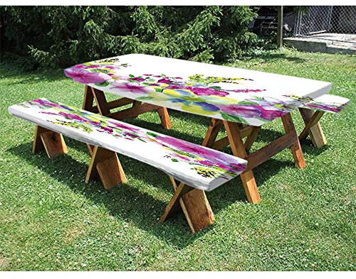 Mantel ajustado de picnic con flores de acuarela y asientos de banco, composición híbrida de flores de jardín con brezos y arte abstracto, para exteriores, barbacoas, camping, 71 x 183 cm, verde y