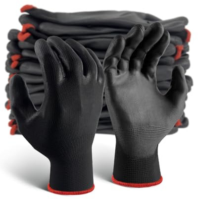 FJDZ SAFETY 12 Pairs Ultra-thin Work Gloves PU Coated Breathable Light Duty Glove for Precision, Gardening,Home Improvement(Black,S)