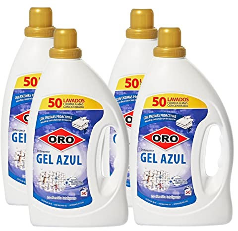 Oro Detergente líquido para lavadora - Jabón Gel Azul 2,5 litros - 200 lavados - Pack de 4 unidades - Gran poder antimanchas - Jabón 100% natural