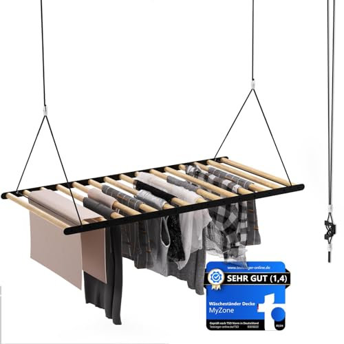 MyZone Wäscheständer Decke platzsparend, ausziehbar, stabil, 115x60cm | Wäschetrockner Deckenmontage, Deckentrockner klappbar, Hochtrockner | Badewanne, Balkon | Bambus Holz, schwarz matt