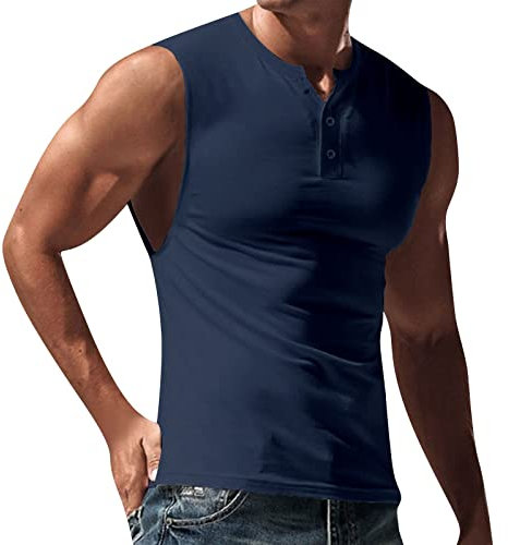 T-Shirt Herren Schwarz Herren-Unterhemden Axelshirt Herren Sommer Einfarbig ÄRmelloses Oversize Henley Shirt Mit Knopfleiste Slim Fit V-Ausschnitt ÄRmellos Tank Tops Sport Shirt Herren ( Marine , M )