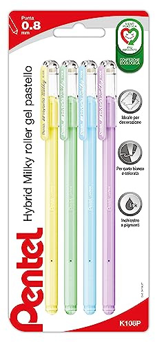 Pentel K108P Hybrid Milky Gelroller Pastellfarben 4 Stück (grün, lila, gelb, hellblau)