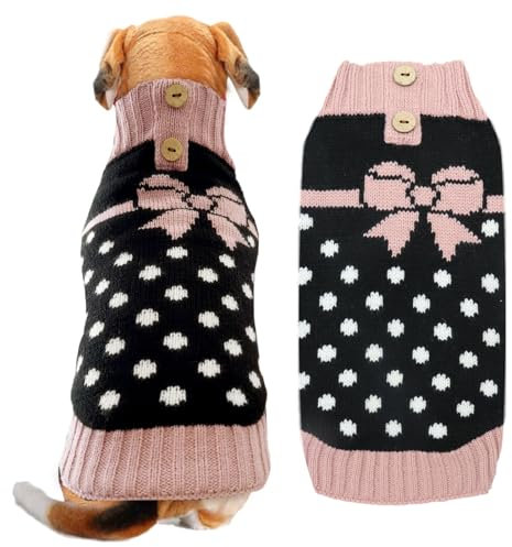 Hunde-Pullover mit Schleifenkrawatte – Punkt Rollkragen-Pullover, klassischer Strick Wintermantel für Hunde Kälteschutzkleidung für kleine und mittlere Hunde Katzen Welpen und Mädchen,L