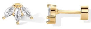 PAVOI 14K Yellow Gold Plated 925 Sterling Silver Post Navette CZ Flat Back Earrings for Women | Small Cartilage Cubic Zirconia Stud Earring | Helix Piercing Jewelry