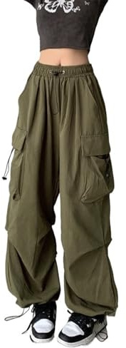 QLXYYFC Baggy Byxor Dam Cargo Byxor Y2K Track Pants Streetwear Elastiska Midja Byxor Låg Midja Casual Byxor Vintage Oversize Cargo Byxor (Color : Green, Size : L)