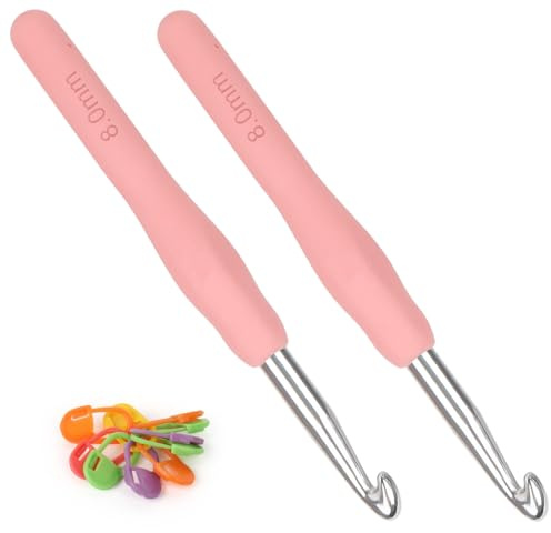 Coopay Häkelnadeln 8,0 mm, 2 Stück Metall Häkelnadel, Ergonomische Häkelnadel mit Weichen Griff für Arthritische Hände, TPR Griff Häkelnadeln für Anfänger & Profis, Bequemes Häkelnadel 8 mm