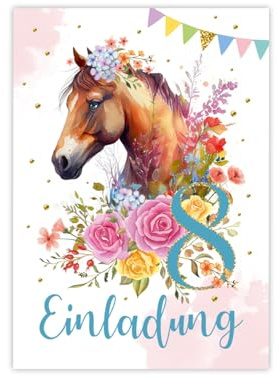 Minkocards 12 Einladungskarten zum 8. Kindergeburtstag Mädchen Pferd Einladung achte Geburtstag Kinder bunte Geburtstagseinladungen