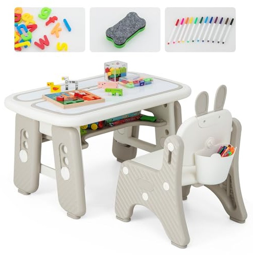 GOPLUS Table Enfant avec Chaise, Table de Dessin avec 2 Plateaux Réversibles, Tableaux Magnétiques, Panier de Rangement, Bureau d'Activités pour Lire, Dessiner, Manger (Gris)