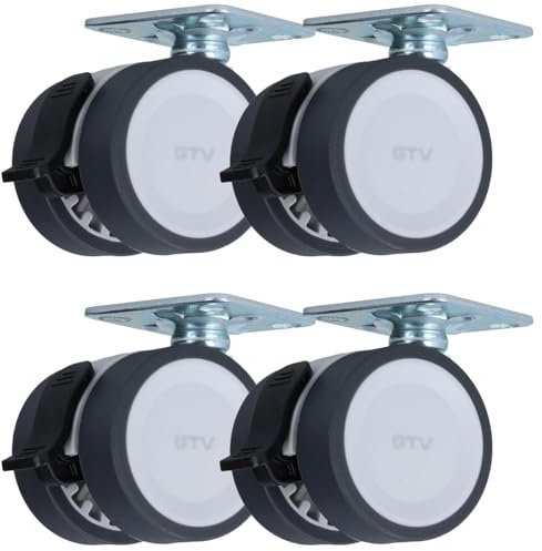 MS Beschläge Doppel-Möbelrolle Ø 50mm Grau Doppelrolle Lenkrolle Zweifachrolle 50kg Traglast Design-Rolle Möbeltransportrolle Anschraubplatte 360° drehbar (Mit Bremse, 4)