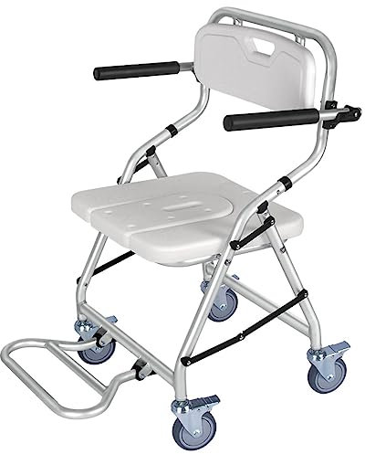 GaRcan Toilettenstuhl, höhenverstellbarer Duschstuhl für ältere Menschen und Behinderte, Toilettenstuhl mit Sicherheitsgurt, Toilettenstuhl, faltbar, rutschfest, mit Armlehne, Rückenlehne