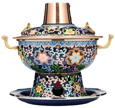 Single Person Small Hot Pot Chinese Copper Hot Pot Old Beijing Alcohol Stove Small Copper Pot Cloisonne Chafing Dishes for Family/Friends, Parties