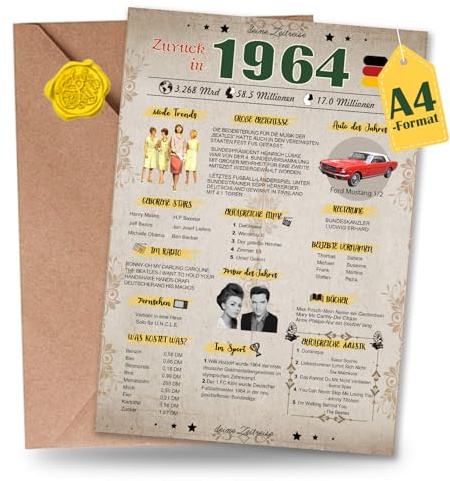 Sugeru Besondere Geburtstagskarte mit Umschlag | Jahrgang Geschenk | geburtstag frau mann | Geburtstagsdeko lustig,Tolle Geschenkidee,Chronik,Karte,Jubiläum- DIN A4 (1964)