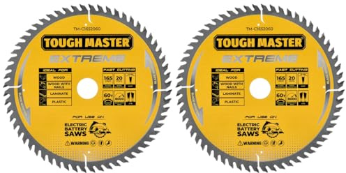TOUGH MASTER Circular Saw Blade 165mm Professional TCT Mitre Saw Circular Saw Blade 165 x 20 x 60T Ideal for Wood, Wood With Nails, Laminate, Plastic, Fits Bosch Makita Dewalt (Pack of 2)